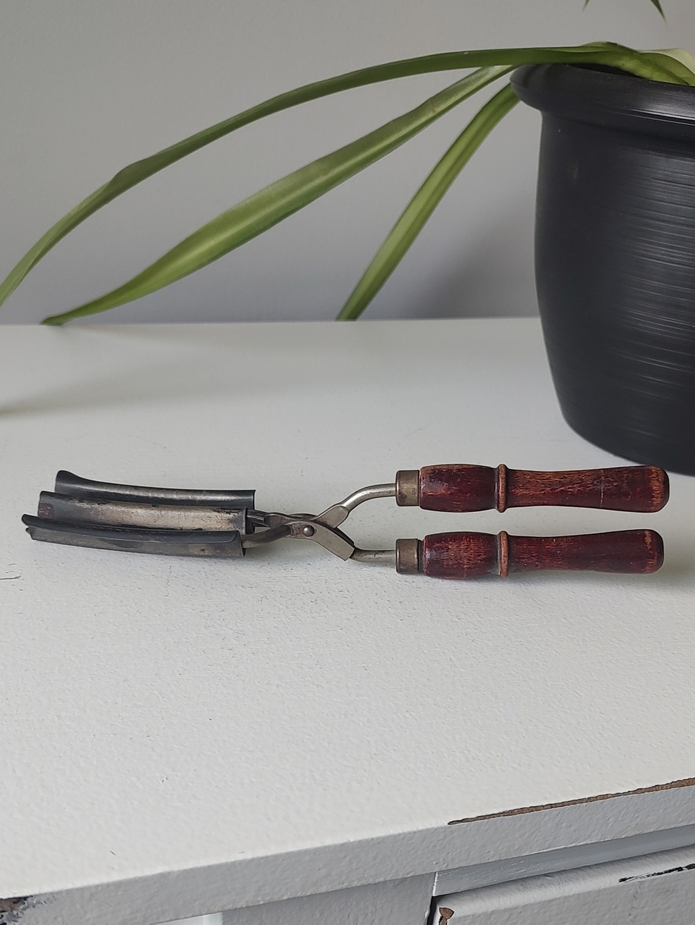 Antique Metal Hair Crimper Or Double Barrel Curling Iron With Wooden Handles